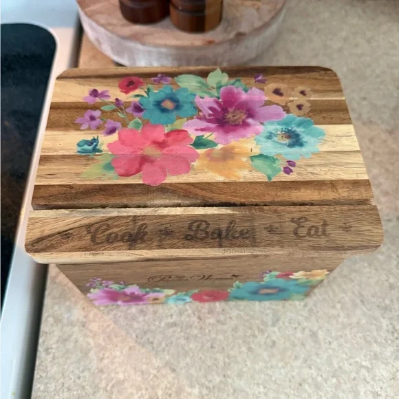 The Pioneer Woman Floral Recipe Box - Brown with Colorful Flowers - Picture 2 of 3